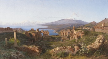 View of Mt. Etna from the Ruins of the Theatre at Taormina, 1883 by Alessandro La Volpe (Italian, 1820 - 1887)