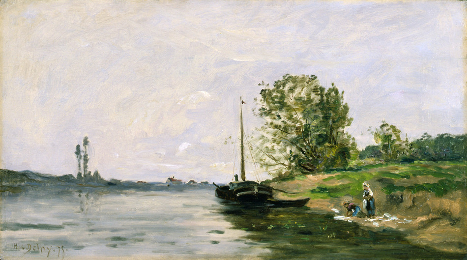 Paysage à la Péniche et aux Lavandières (Landscape with a Barge and Washerwomen) by Hippolyte Camille Delpy (French, 1842 - 1910)