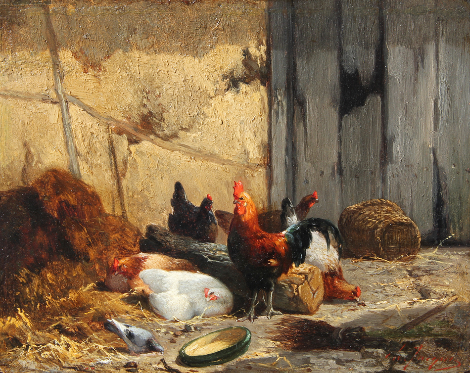 Rooster and hens by Charles Jacque (French, 1813 - 1894)