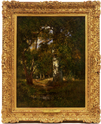 Forêt, gros chêne ensoleillé pres d’une mare avec pêcheur (Forest with a great, sunny oak and fisherman at a pond) by Narcisse Virgile Diaz de la Pena (French, 1807 - 1876)